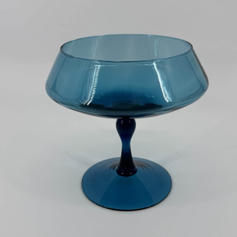 Vintage Blue Glass Compote Pedestal Bowl Candy Dish Centerpiece 7" Wide Decor